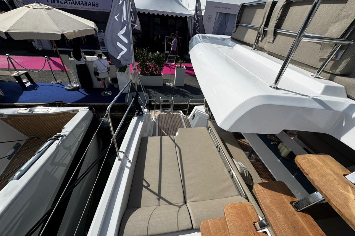 Deck of Zarah, a Aventura Catamarans Aventura 37 catamaran at Capo d'Orlando, Italy