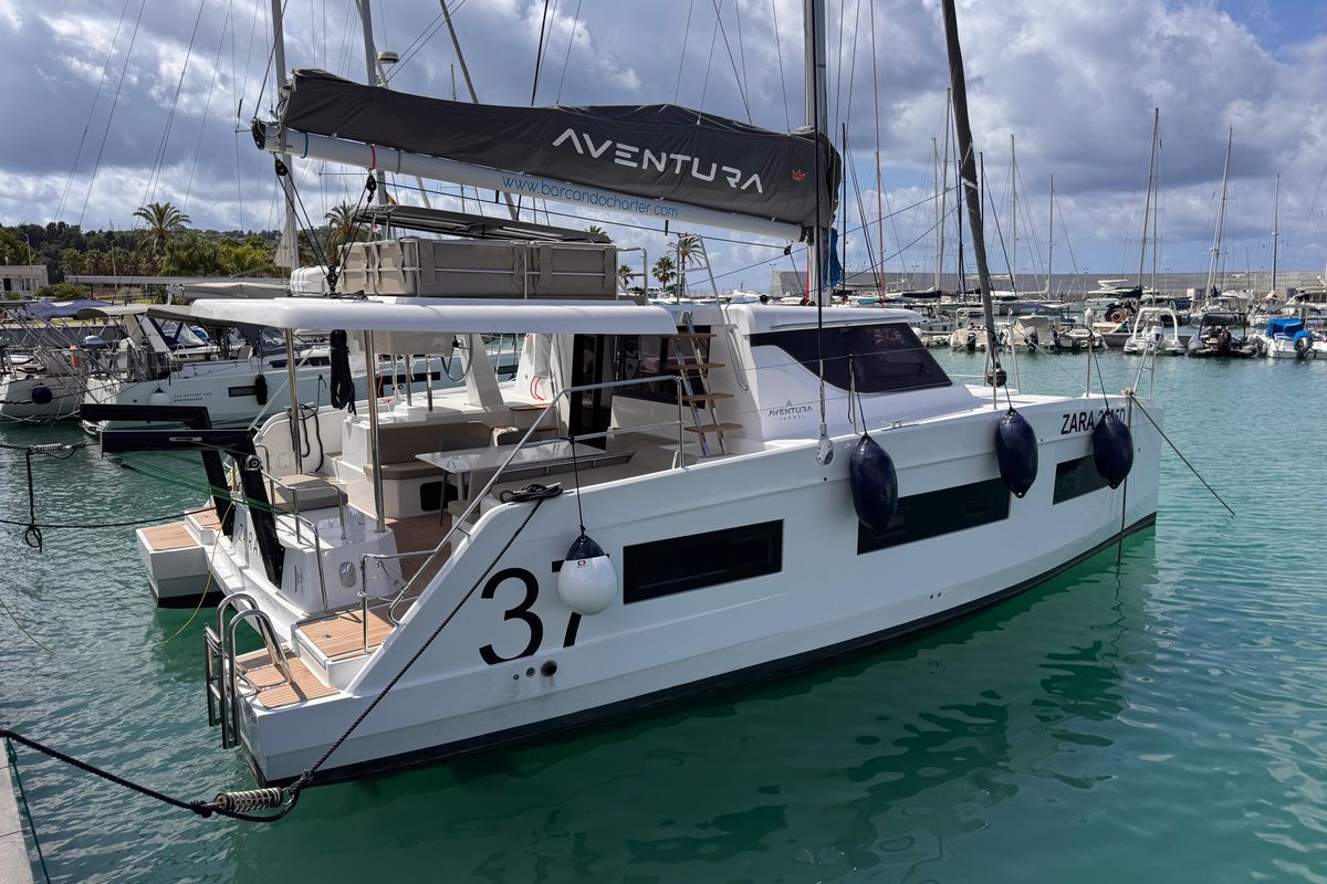 Exterior view of Zarah, a Aventura Catamarans Aventura 37 catamaran at Capo d'Orlando, Italy