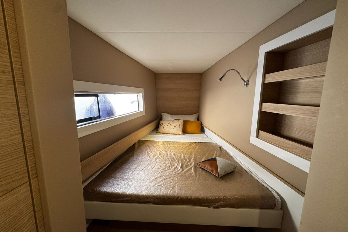 Cabin on Zarah, a Aventura Catamarans Aventura 37 catamaran at Capo d'Orlando, Italy