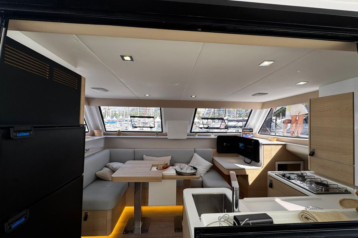 Salon of Zarah, a Aventura Catamarans Aventura 37 catamaran at Capo d'Orlando, Italy