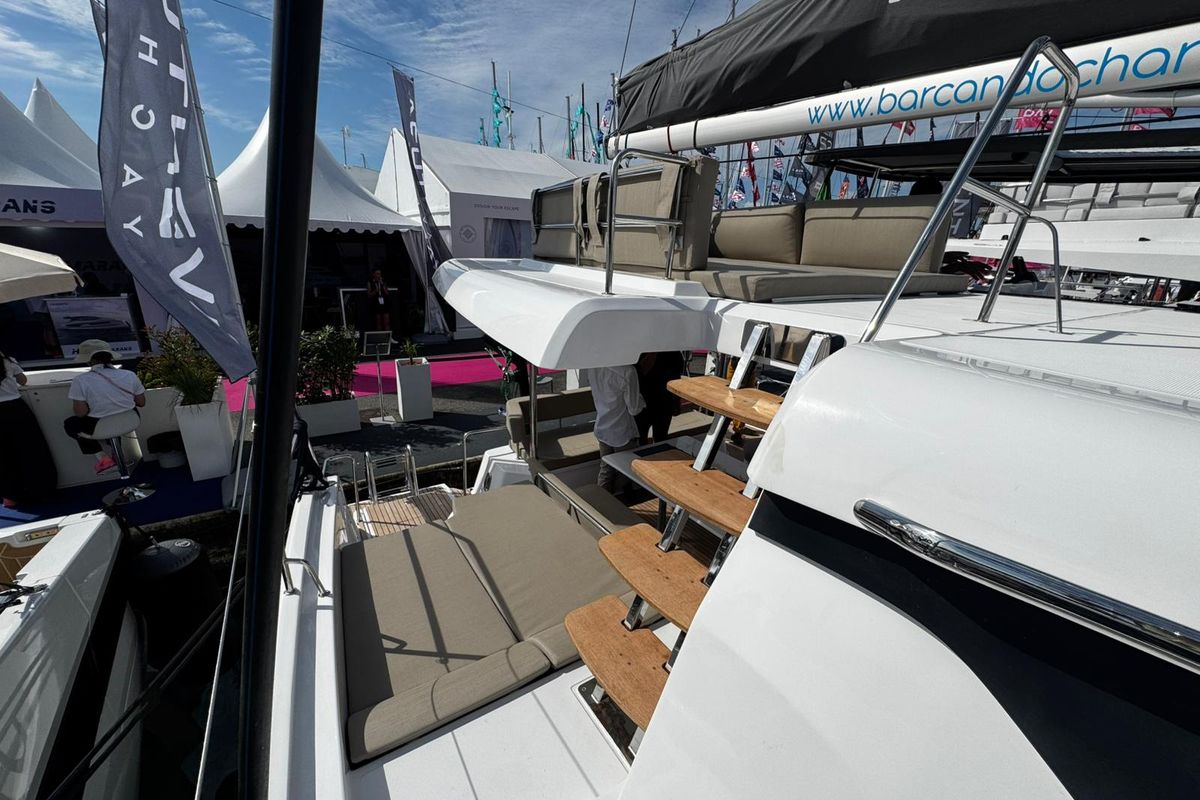 Deck of Zarah, a Aventura Catamarans Aventura 37 catamaran at Capo d'Orlando, Italy