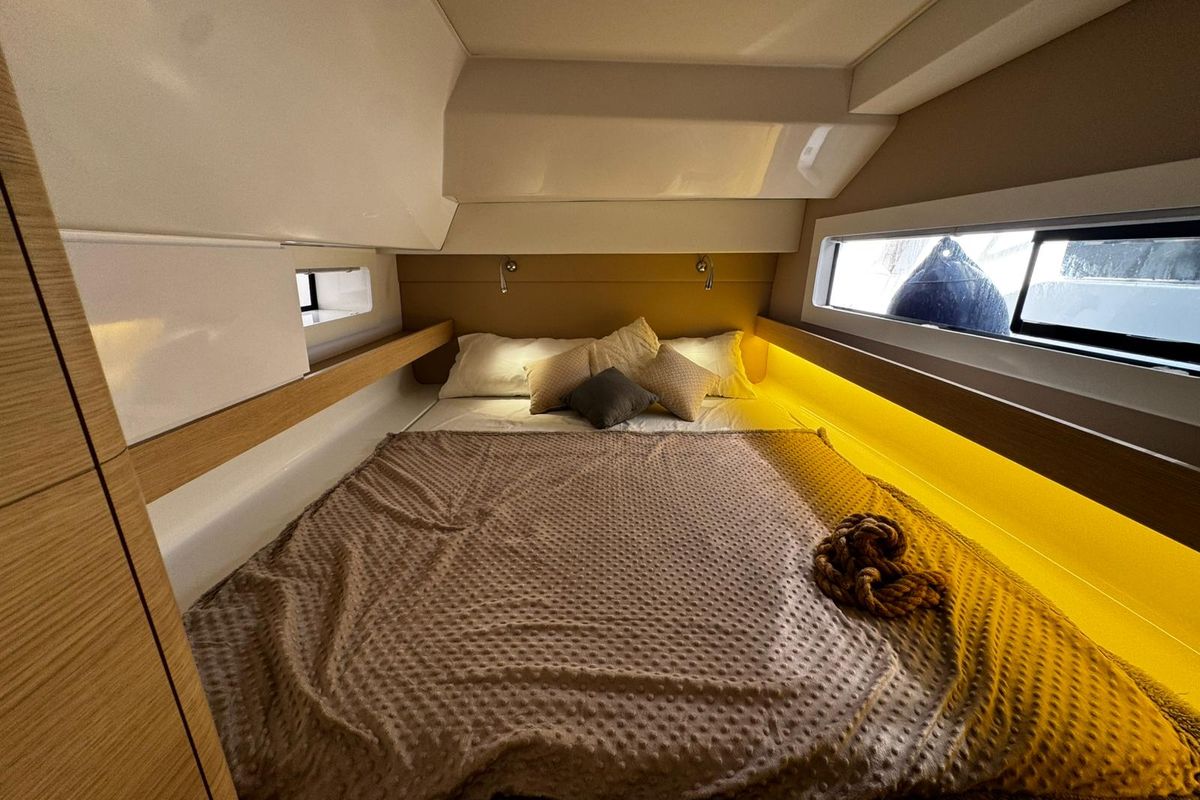 Cabin on Zarah, a Aventura Catamarans Aventura 37 catamaran at Capo d'Orlando, Italy