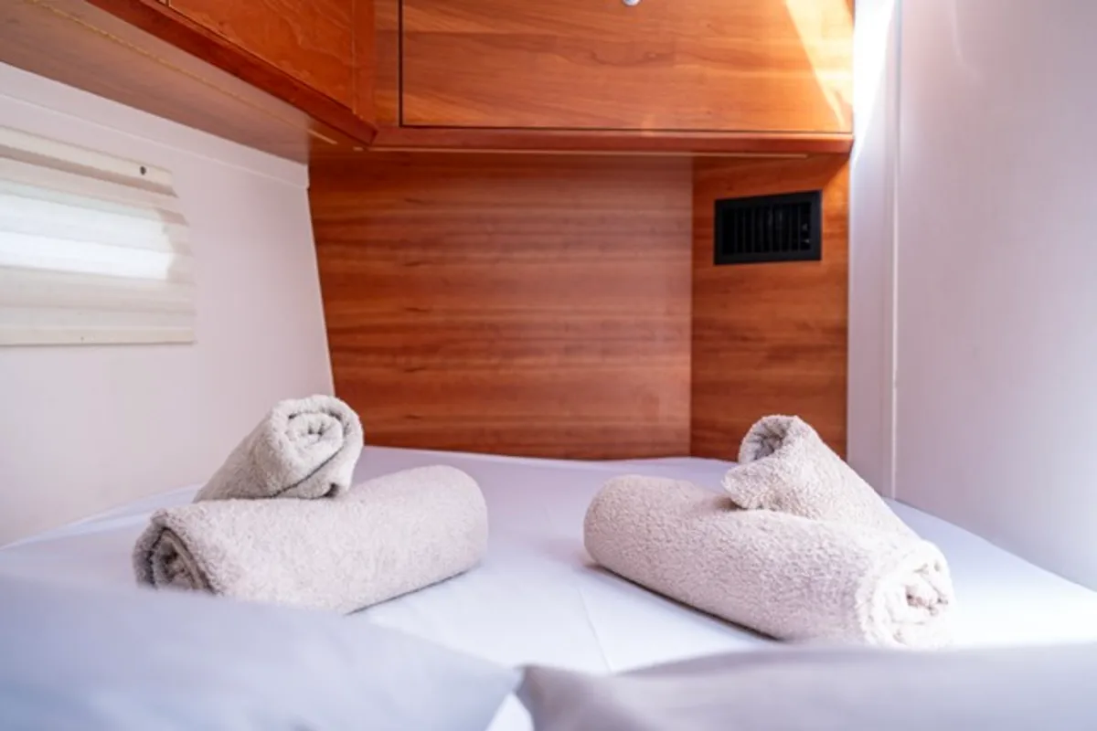 Cabin on Premium, a Hanse Yachts Hanse 575 sailboat at Piraeus, Greece