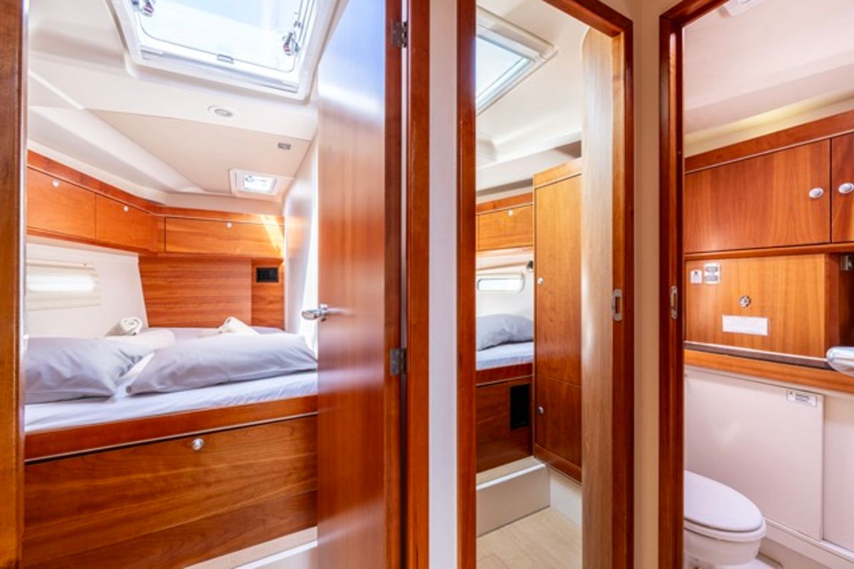 Cabin on Premium, a Hanse Yachts Hanse 575 sailboat at Piraeus, Greece