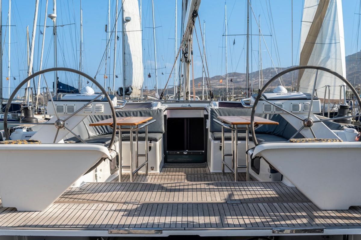 Deck of Premium, a Hanse Yachts Hanse 575 sailboat at Piraeus, Greece