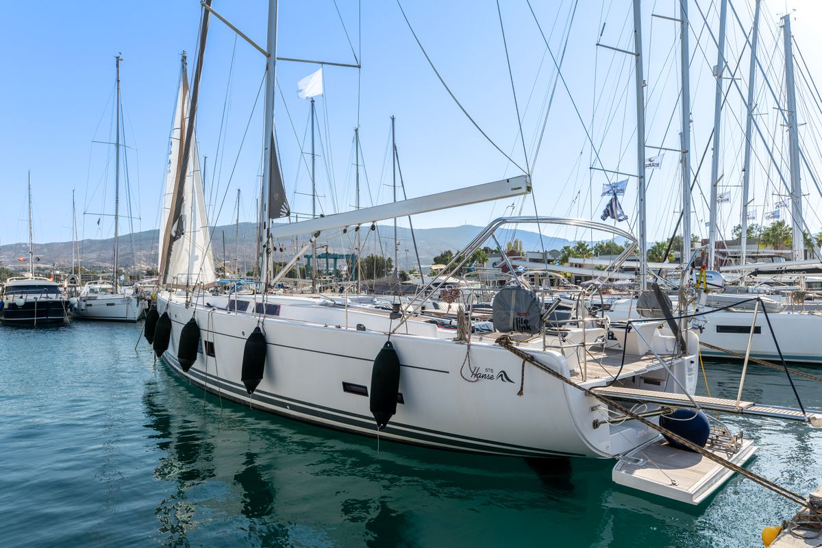 Exterior view of Premium, a Hanse Yachts Hanse 575 sailboat at Piraeus, Greece