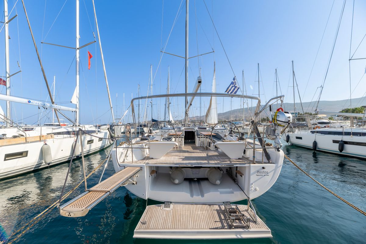 Exterior view of Premium, a Hanse Yachts Hanse 575 sailboat at Piraeus, Greece
