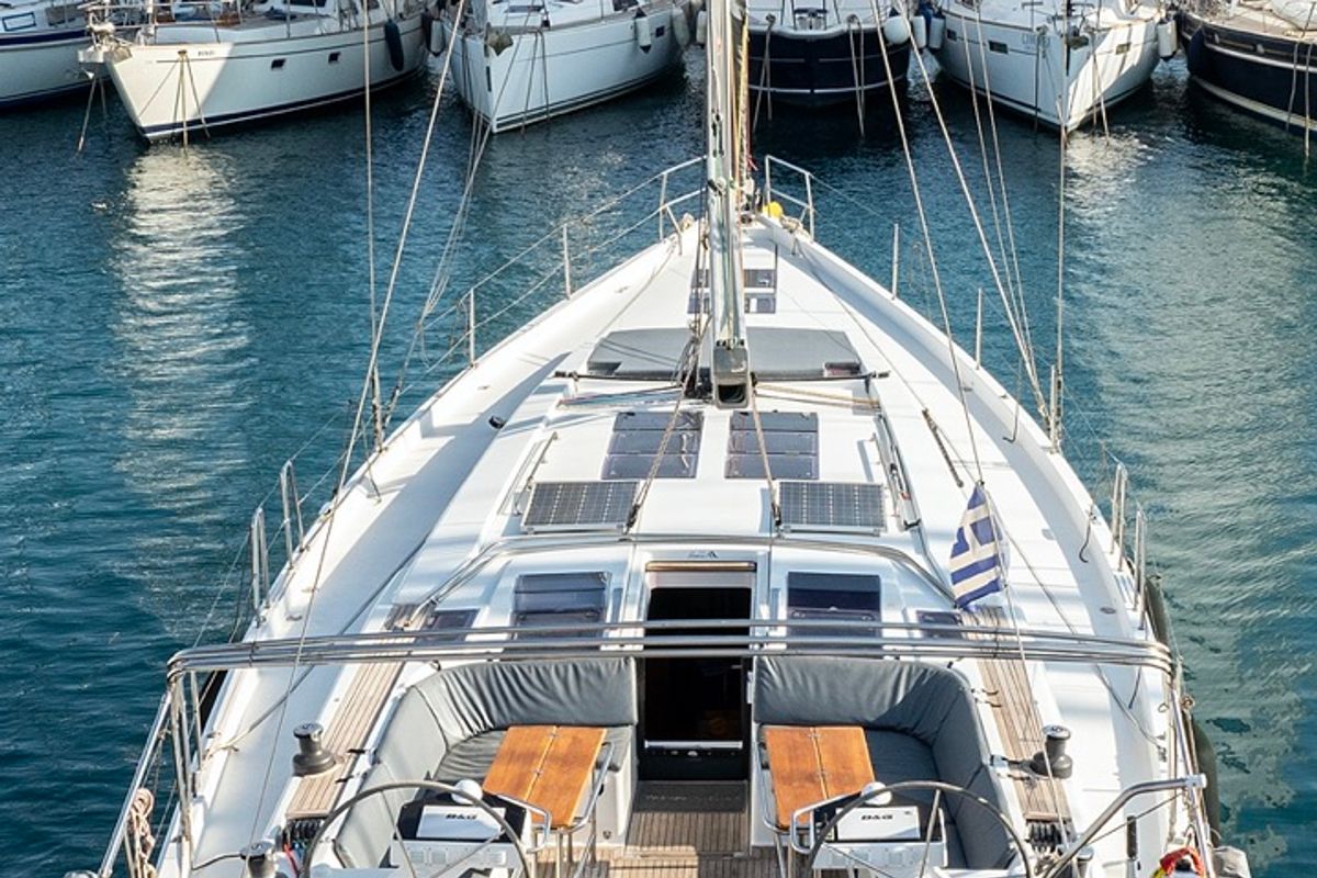 Deck of Premium, a Hanse Yachts Hanse 575 sailboat at Piraeus, Greece