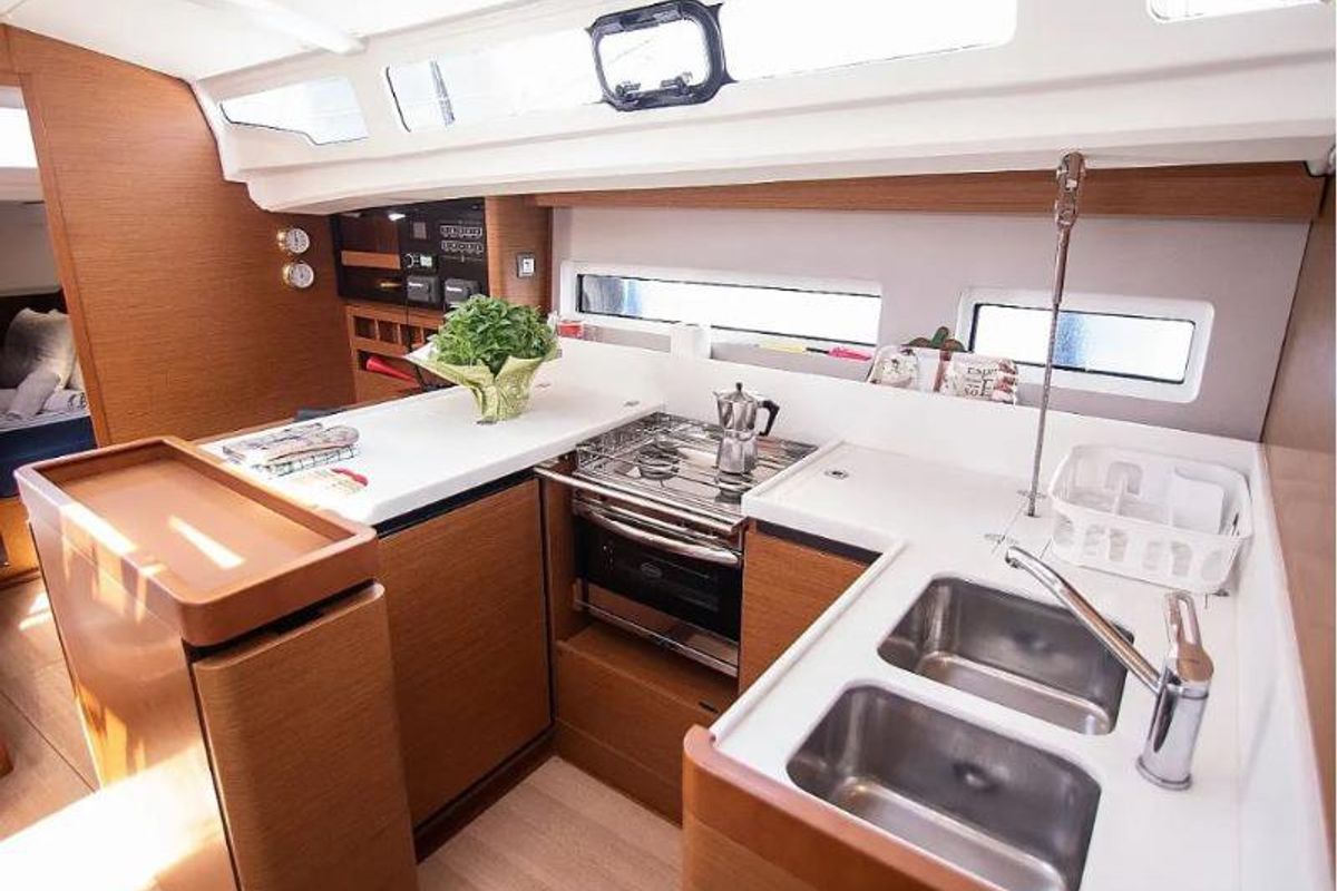 Galley of Georgia, a Jeanneau Sun Odyssey 440 sailboat at Kontokali, Greece