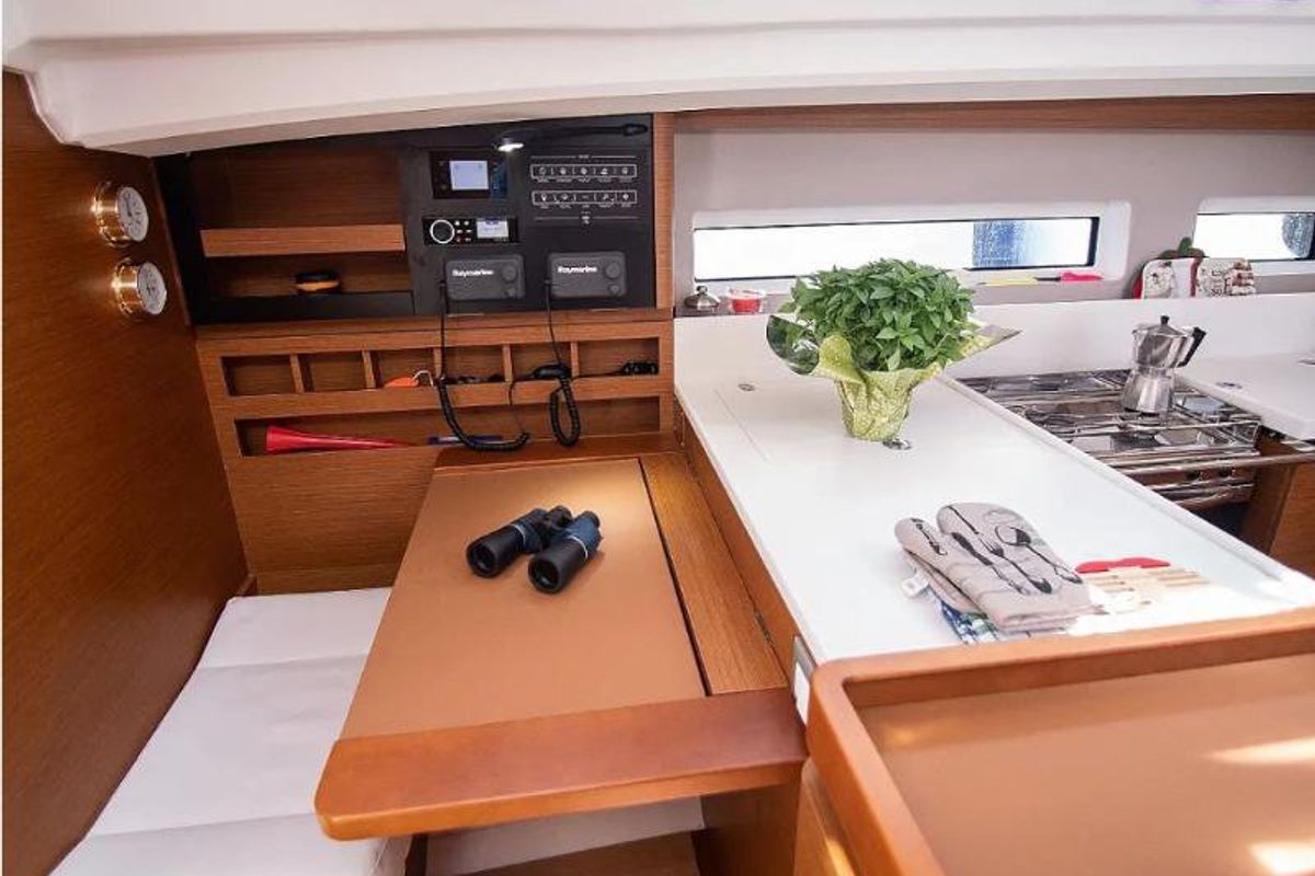 Galley of Georgia, a Jeanneau Sun Odyssey 440 sailboat at Kontokali, Greece