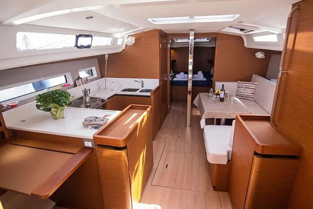 Salon of Georgia, a Jeanneau Sun Odyssey 440 sailboat at Kontokali, Greece