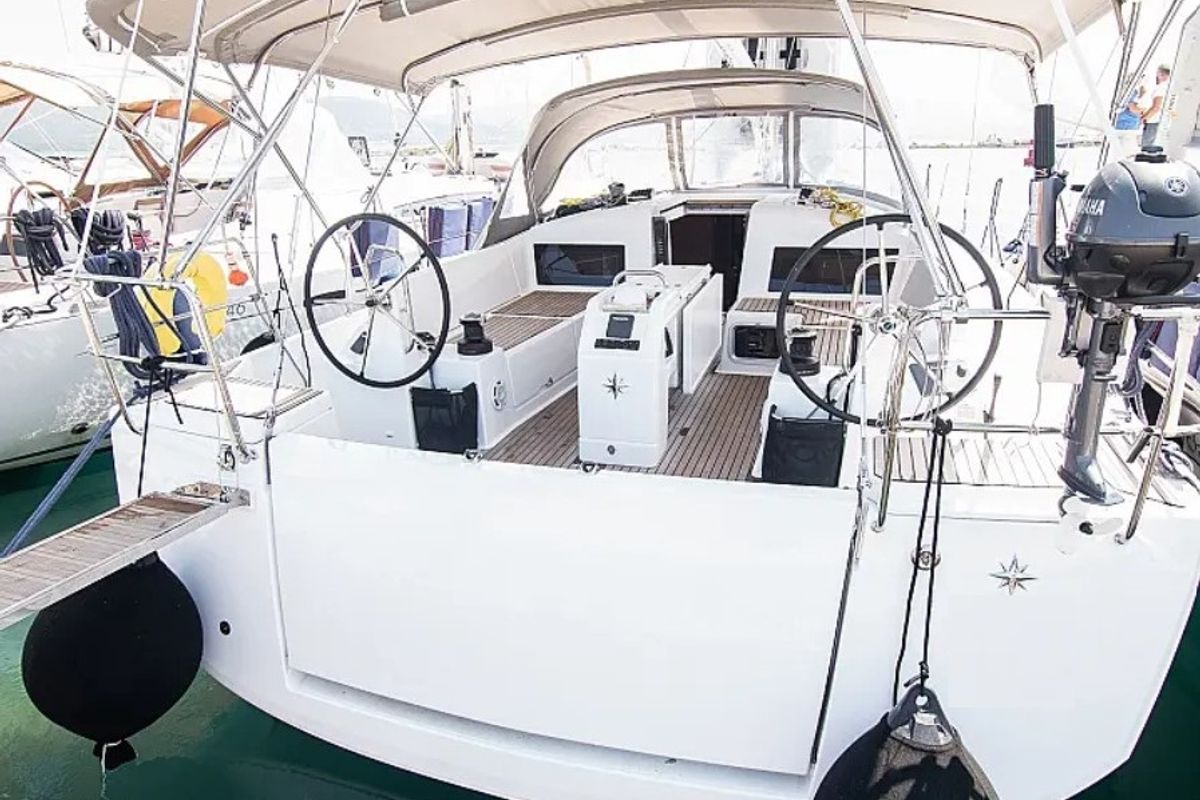 Cockpit of Georgia, a Jeanneau Sun Odyssey 440 sailboat at Kontokali, Greece