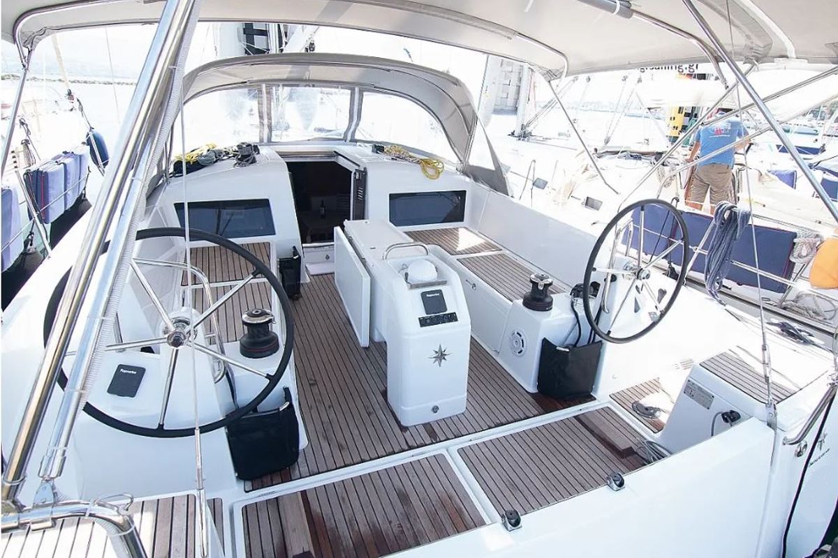 Cockpit of Georgia, a Jeanneau Sun Odyssey 440 sailboat at Kontokali, Greece