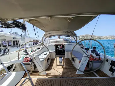 Cockpit of Apollonis, a Hanse Yachts Hanse 540 sailboat at Athens, Greece