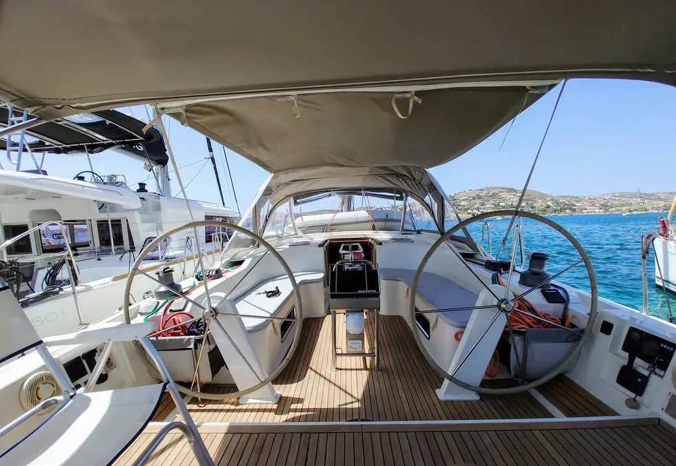 Cockpit of Apollonis, a Hanse Yachts Hanse 540 sailboat at Athens, Greece