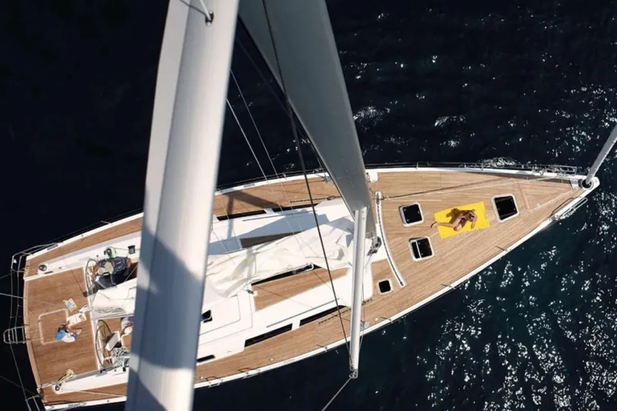 Exterior view of Apollonis, a Hanse Yachts Hanse 540 sailboat at Athens, Greece