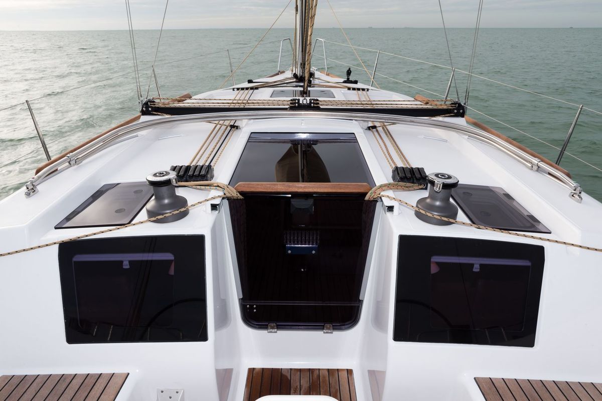 Deck of Regor, a Dufour 382 Grand Large sailboat at Cagliari, Italy