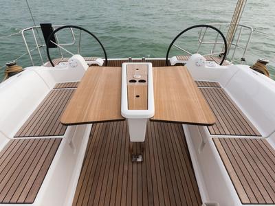 Deck of Regor, a Dufour 382 Grand Large sailboat at Cagliari, Italy