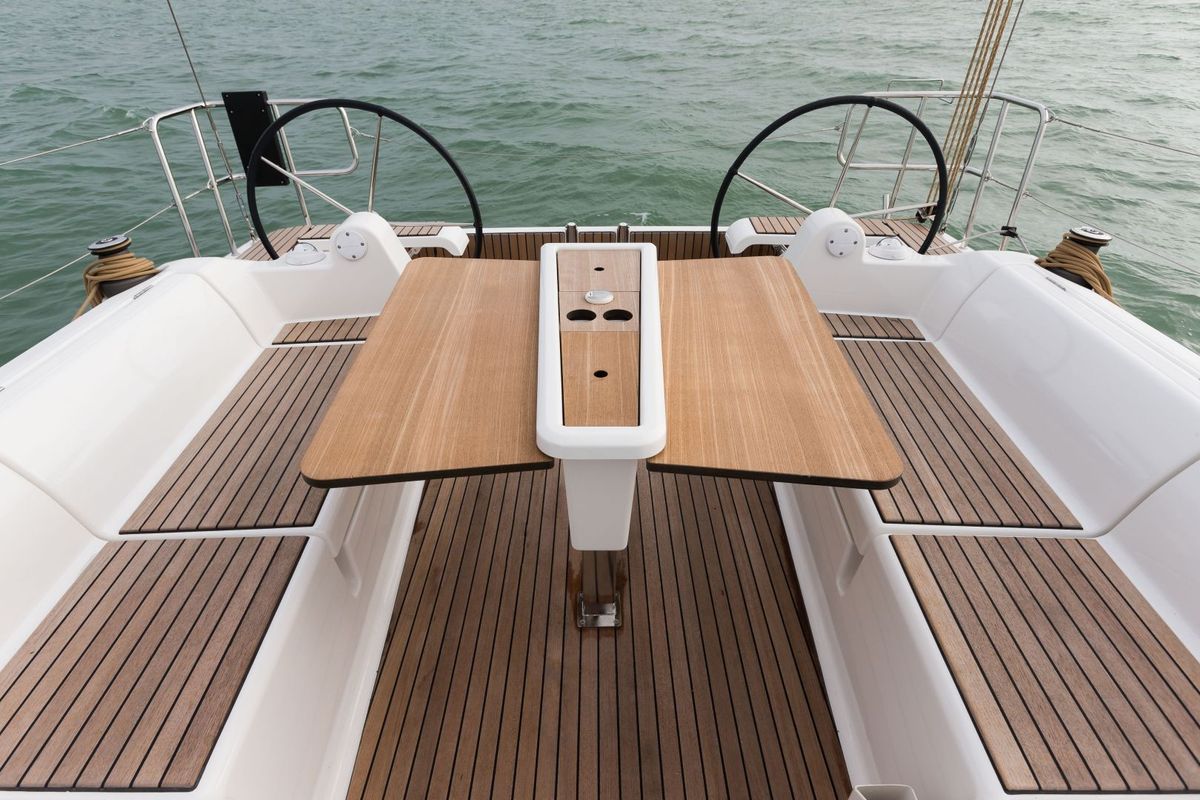 Deck of Regor, a Dufour 382 Grand Large sailboat at Cagliari, Italy