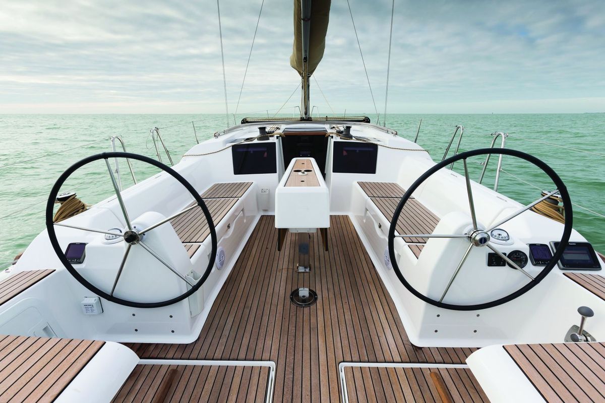 Cockpit of Regor, a Dufour 382 Grand Large sailboat at Cagliari, Italy