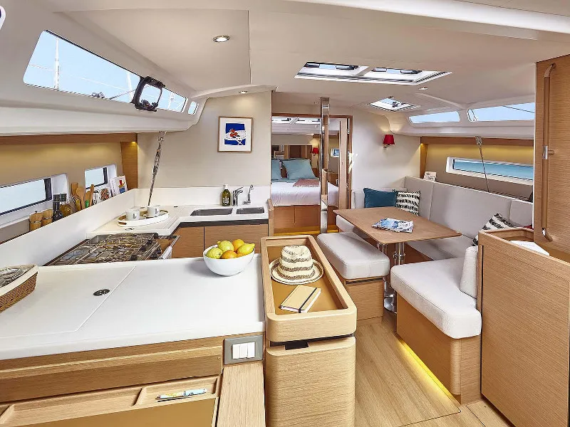 Salon of Sunsail 44 SO Premium, a Jeanneau Sun Odyssey 440 sailboat at Cannigione, Italy
