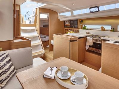 Salon of Sunsail 44 SO Premium, a Jeanneau Sun Odyssey 440 sailboat at Cannigione, Italy