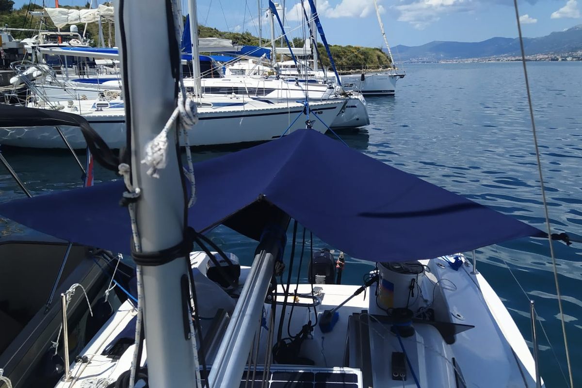Deck of Tiptih, a Viko S 21 sailboat at Split, Croatia
