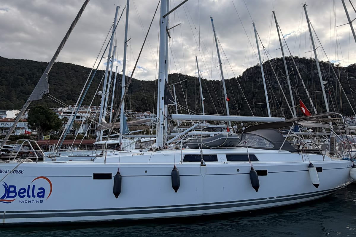 Exterior view of Premium, a Hanse Yachts Hanse 415 sailboat at Fethiye, Turkey