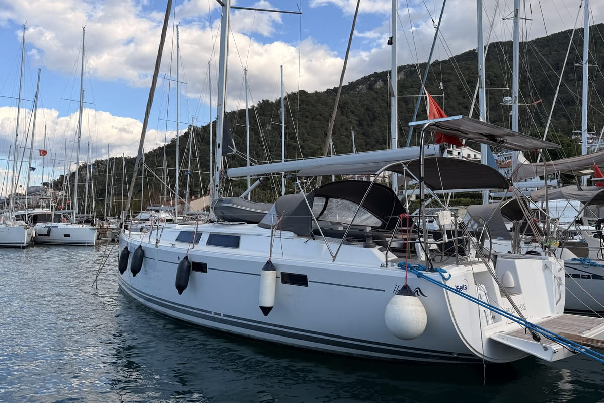 Exterior view of Premium, a Hanse Yachts Hanse 415 sailboat at Fethiye, Turkey