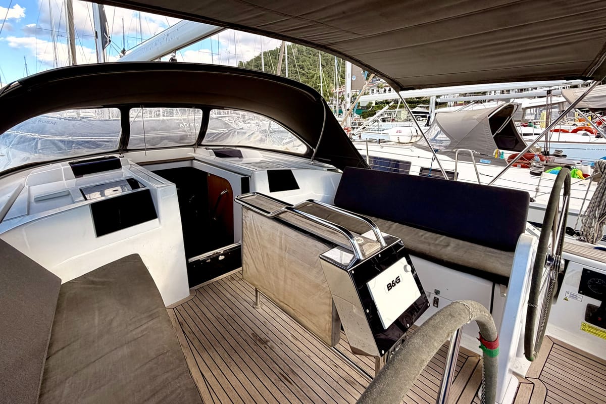 Cockpit of Premium, a Hanse Yachts Hanse 415 sailboat at Fethiye, Turkey