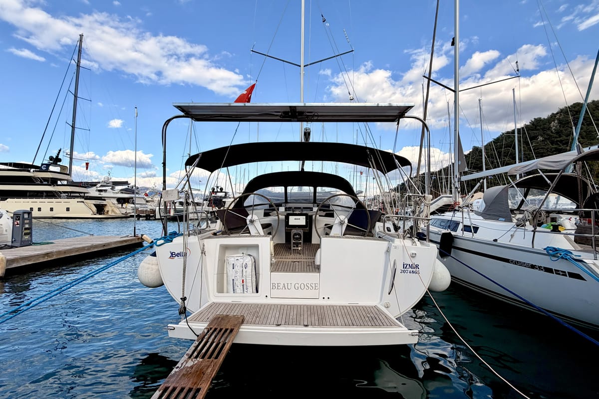 Exterior view of Premium, a Hanse Yachts Hanse 415 sailboat at Fethiye, Turkey