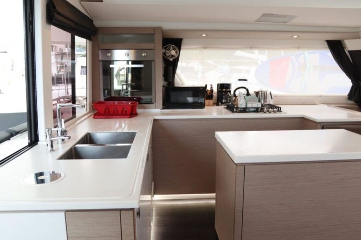 Galley of Soleil Rae, a Fountaine Pajot Saba 50 catamaran at Road Town, British Virgin Islands