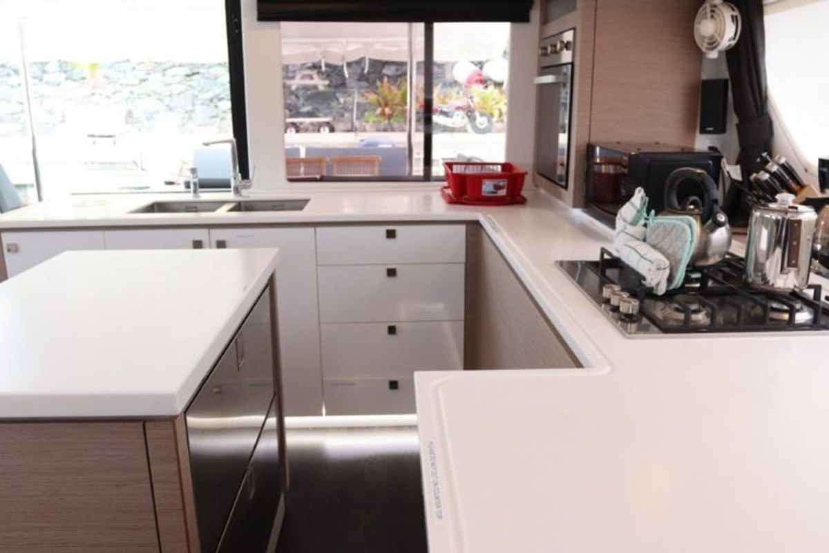 Deck of Soleil Rae, a Fountaine Pajot Saba 50 catamaran at Road Town, British Virgin Islands