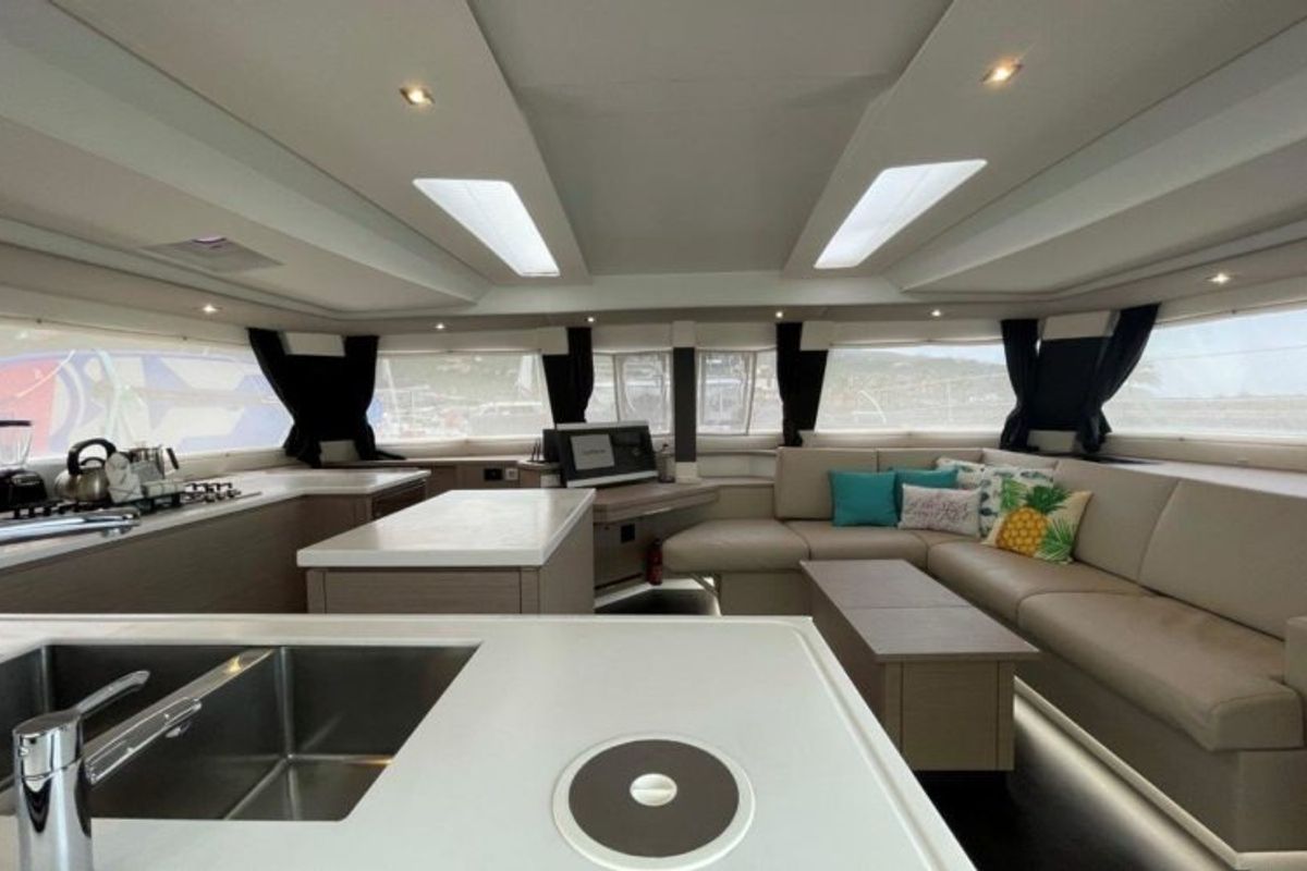 Cockpit of Soleil Rae, a Fountaine Pajot Saba 50 catamaran at Road Town, British Virgin Islands