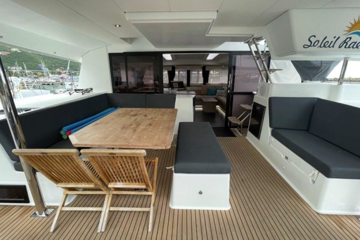 Deck of Soleil Rae, a Fountaine Pajot Saba 50 catamaran at Road Town, British Virgin Islands