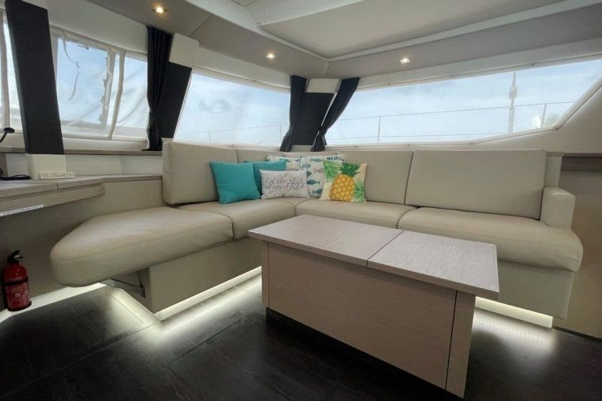 Salon of Soleil Rae, a Fountaine Pajot Saba 50 catamaran at Road Town, British Virgin Islands
