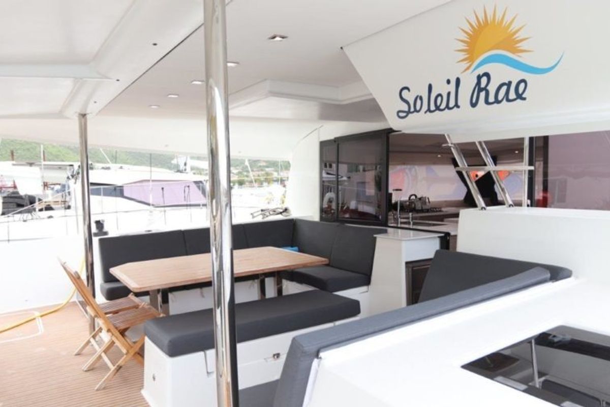 Deck of Soleil Rae, a Fountaine Pajot Saba 50 catamaran at Road Town, British Virgin Islands