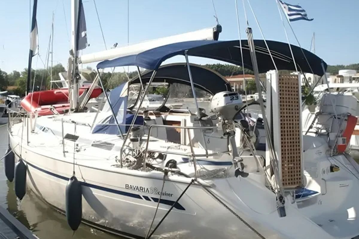 Exterior view of Noelle, a Bavaria 38 sailboat at Port of Avdira, Greece