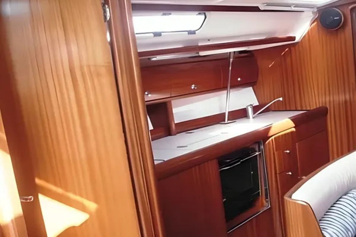 Galley of Noelle, a Bavaria 38 sailboat at Port of Avdira, Greece
