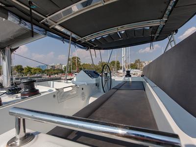 Cockpit of Smile, a Lagoon 450 Fly catamaran at Athens, Greece