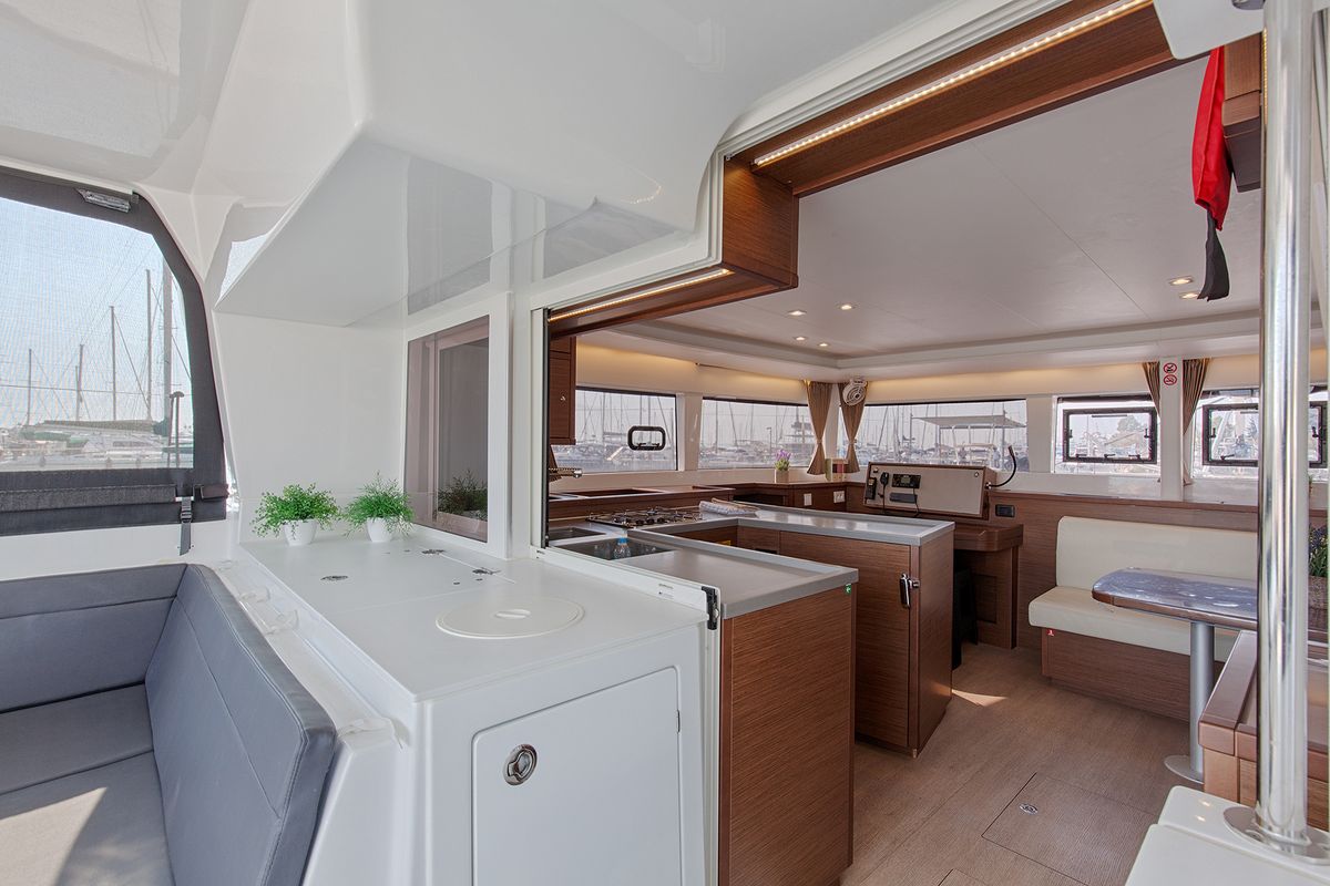 Deck of Smile, a Lagoon 450 Fly catamaran at Athens, Greece