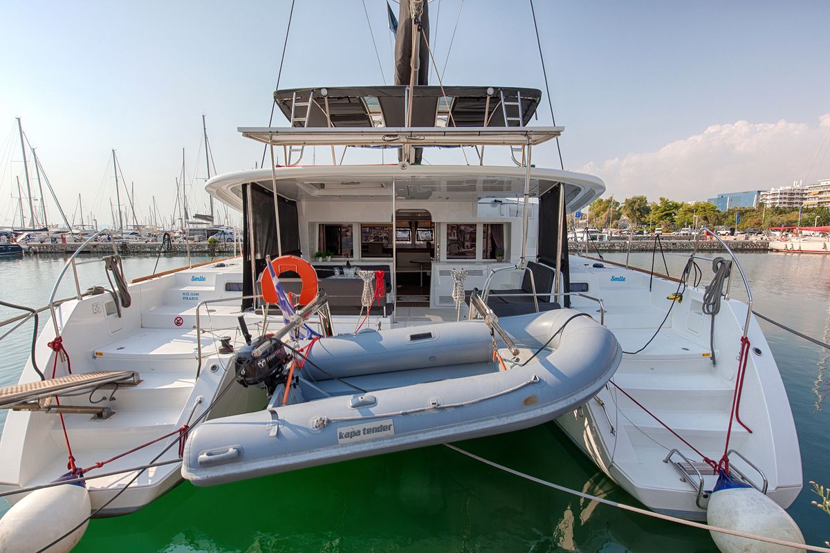 Exterior view of Smile, a Lagoon 450 Fly catamaran at Athens, Greece