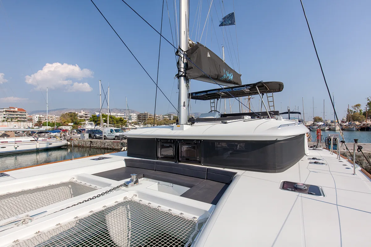 Deck of Smile, a Lagoon 450 Fly catamaran at Athens, Greece