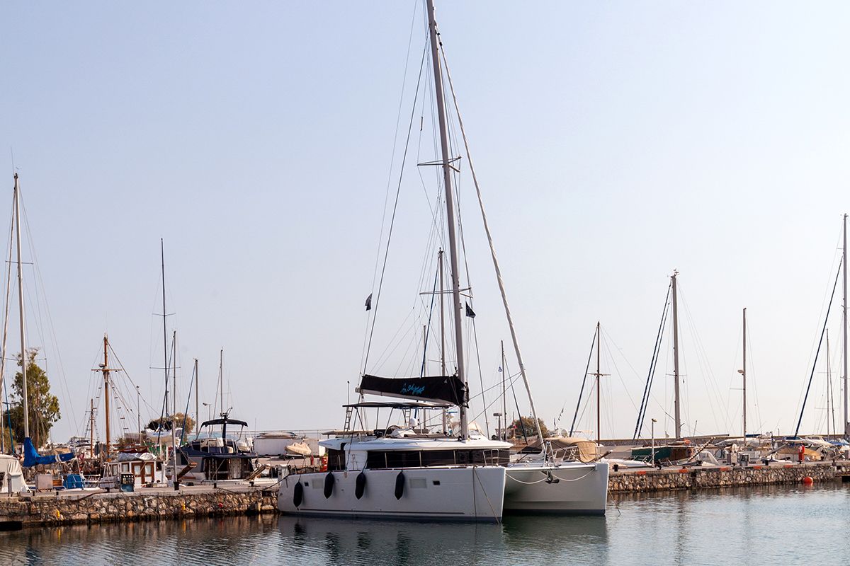Exterior view of Smile, a Lagoon 450 Fly catamaran at Athens, Greece