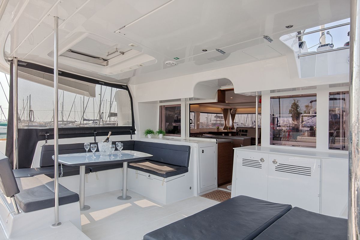 Deck of Smile, a Lagoon 450 Fly catamaran at Athens, Greece