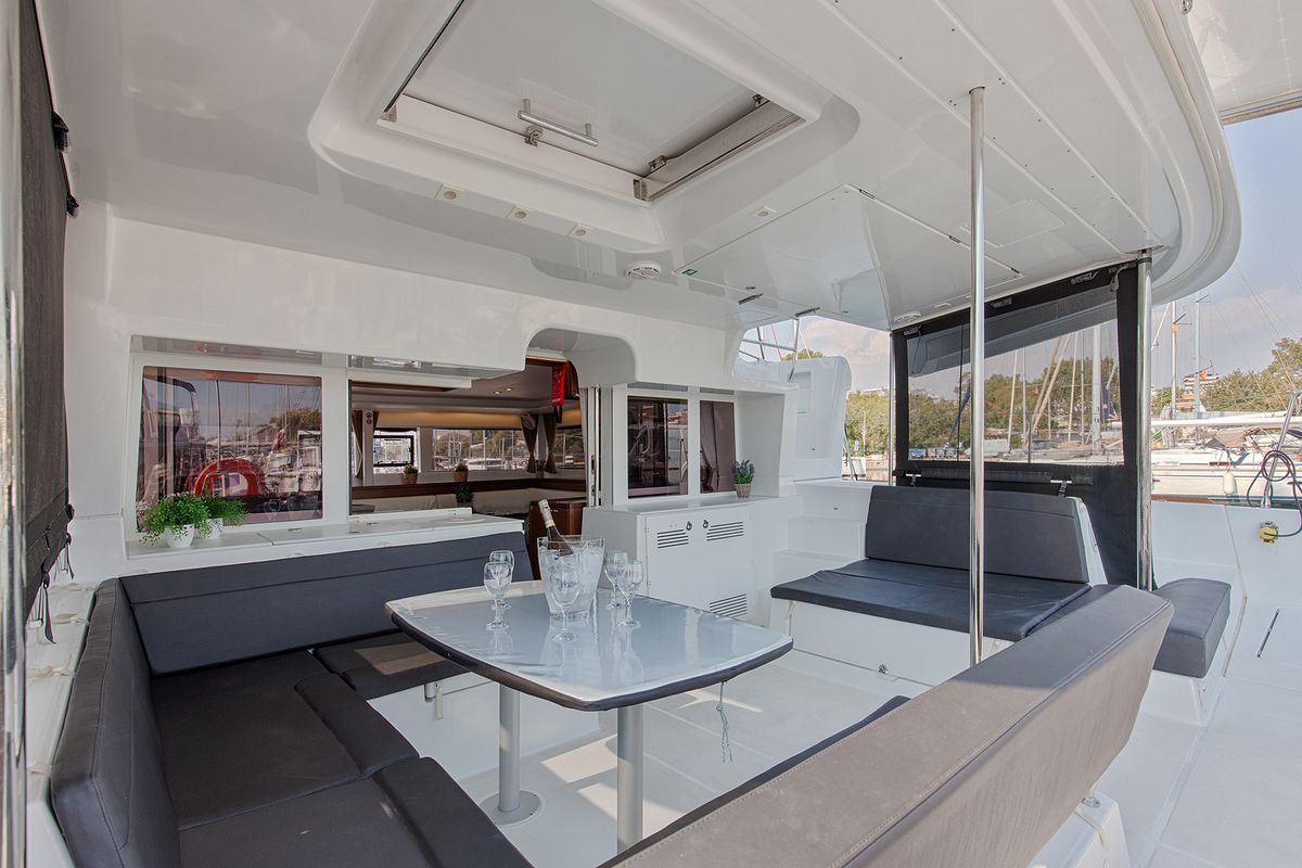 Deck of Smile, a Lagoon 450 Fly catamaran at Athens, Greece
