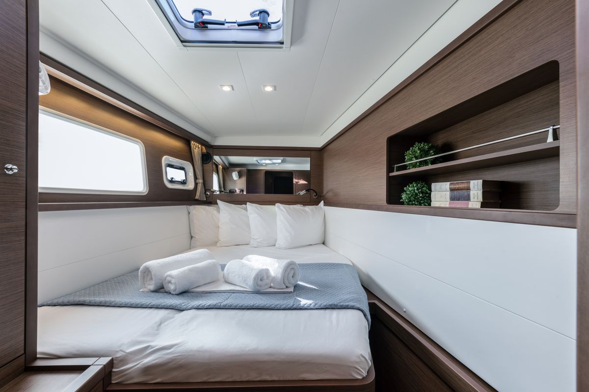 Cabin on Smile, a Lagoon 450 Fly catamaran at Athens, Greece