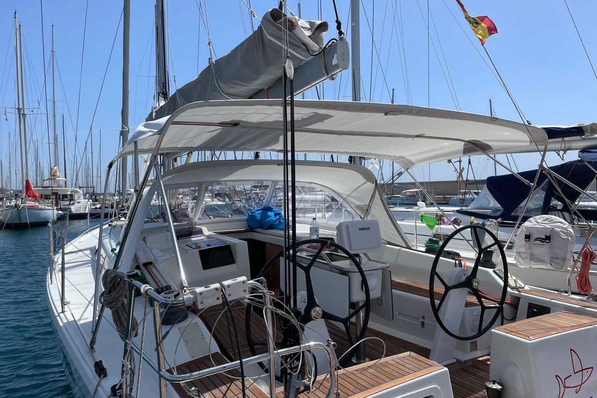 Cockpit of Nord Star, a Hanse Yachts Hanse 415 sailboat at Port de Pollença, Spain