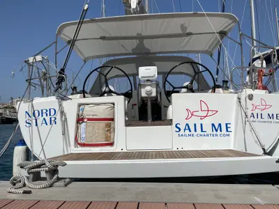 Cockpit of Nord Star, a Hanse Yachts Hanse 415 sailboat at Port de Pollença, Spain