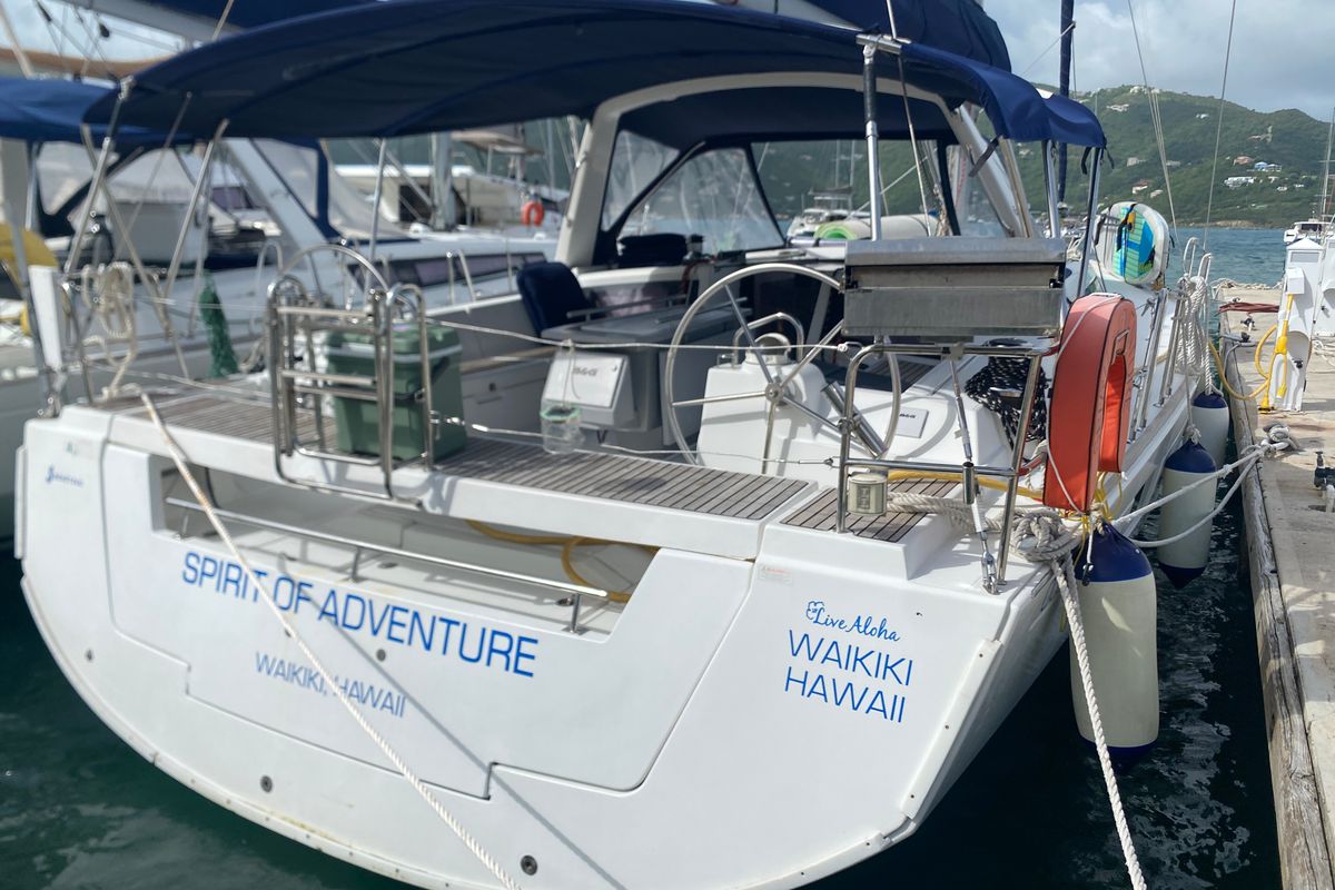 Exterior view of Spirit of Adventure, a Beneteau 48 sailboat at Road Town, British Virgin Islands